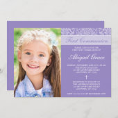 Paarse Damask Meisje Foto Eerste Communie Kaart (Voorkant / Achterkant)