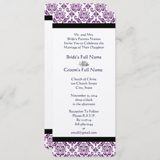 Paarse Damask Monogram bruiloft Kaart (Voorkant / Achterkant)