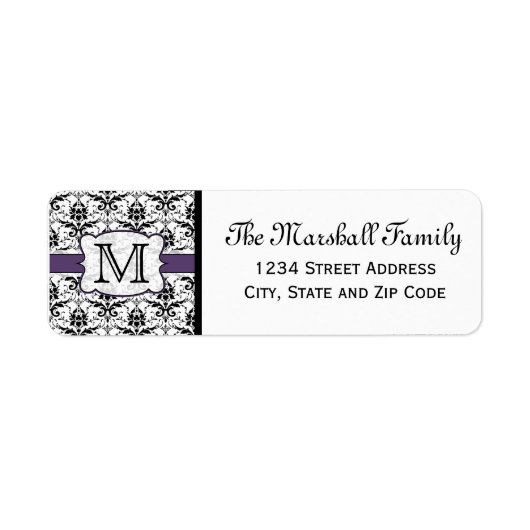 (Paarse) Damask Monogram retouradreslabels Etiket (Voorkant)