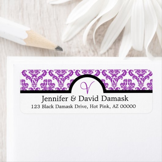 Paarse Damask Monogram V Wedding Mailing Labels (Insitu)