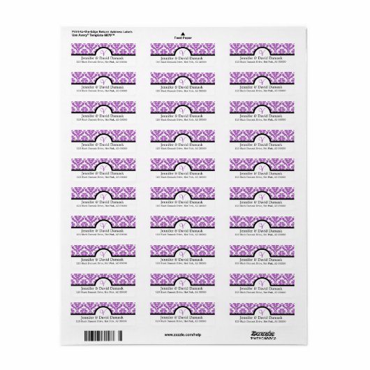 Paarse Damask Monogram V Wedding Mailing Labels (Full Sheet)