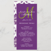 Paarse Damask Monogram Wedding Menu Kaarten (Voorkant / Achterkant)