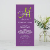 Paarse Damask Monogram Wedding Menu Kaarten (Staand voorkant)