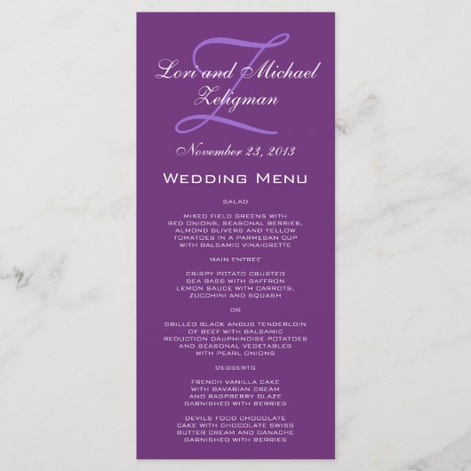 Paarse Damask Monogram Wedding Menu Kaarten (Voorkant)