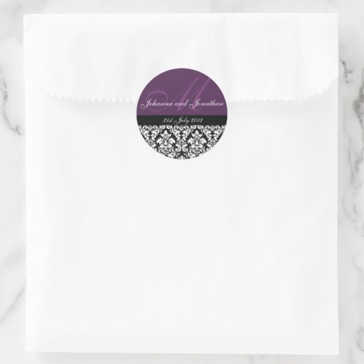 Paarse Damask Monogram Wedding Stickers (Tas)
