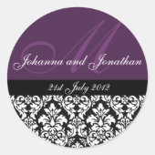 Paarse Damask Monogram Wedding Stickers (Voorkant)