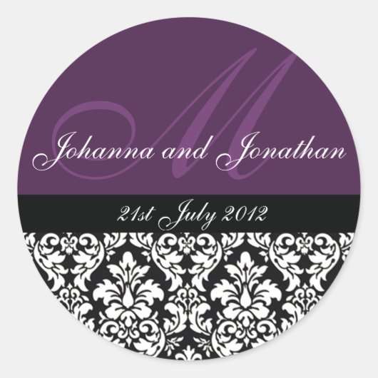 Paarse Damask Monogram Wedding Stickers (Voorkant)