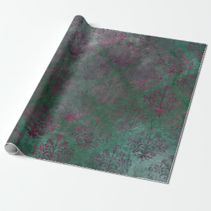 Paarse Damask op groene achtergrond Cadeaupapier