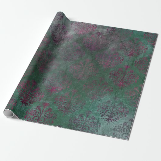 Paarse Damask op groene achtergrond Cadeaupapier (Uitgerold)
