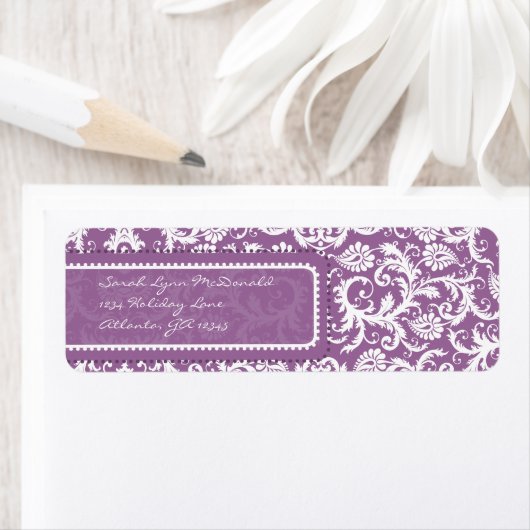 Paarse Damask op Plum Retouradres Etiket (Insitu)