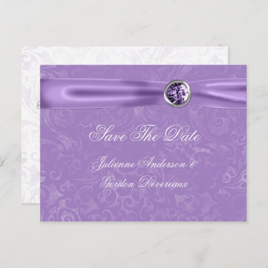 Paarse Damask Paarse lint juwelen Bewaar de datum Aankondigingskaart (Voorkant / Achterkant)