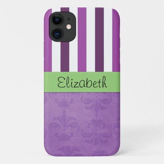 Paarse Damask, Paarse Stripes, Striped, Jouw naam Case-Mate iPhone Case (Achterkant)