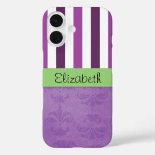 Paarse Damask, Paarse Stripes, Striped, Jouw naam iPhone 16 Hoesje