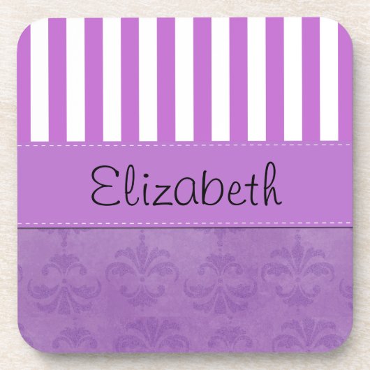 Paarse Damask, Paarse Stripes, Striped, Jouw naam Drankjes Onderzetter (Voorkant)