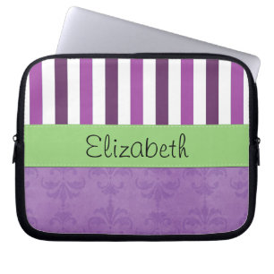 Paarse Damask, Paarse Stripes, Striped, Jouw naam Laptop Sleeve