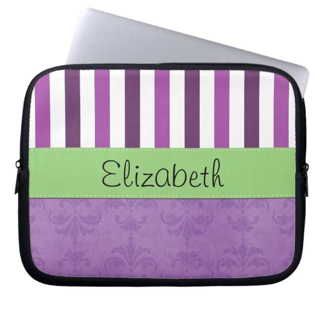 Paarse Damask, Paarse Stripes, Striped, Jouw naam Laptop Sleeve (Voorkant)