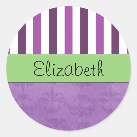 Paarse Damask, Paarse Stripes, Striped, Jouw naam Ronde Sticker (Voorkant)