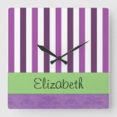 Paarse Damask, Paarse Stripes, Striped, Jouw naam Vierkante Klok (Voorkant)