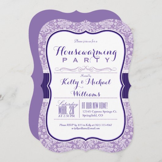 Paarse Damask Pattern; Elegant housewarming party Kaart (Voorkant / Achterkant)