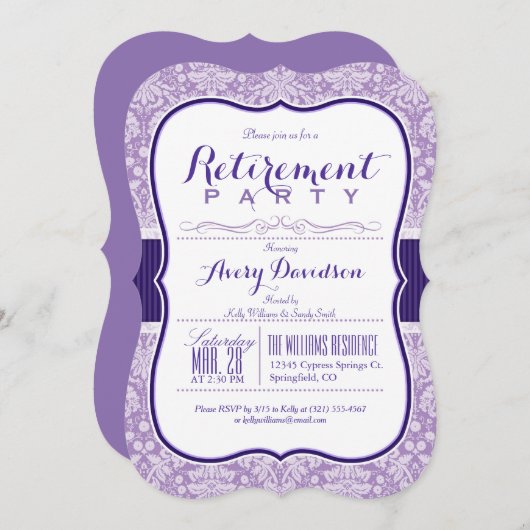 Paarse Damask Pattern; Elegante Pensioen Partij Kaart (Voorkant / Achterkant)