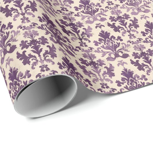  Paarse Damask Pattern op Beige Achtergrond Cadeaupapier (Rol Hoek)