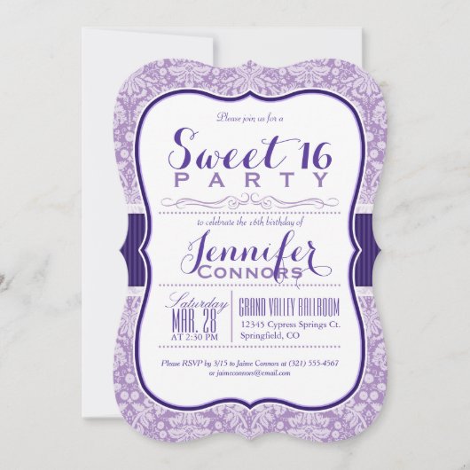 Paarse Damask Pattern; Sweet 16 Verjaardagsfeest Kaart (Voorkant)