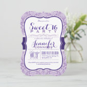 Paarse Damask Pattern; Sweet 16 Verjaardagsfeest Kaart (Staand voorkant)