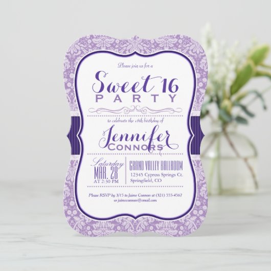 Paarse Damask Pattern; Sweet 16 Verjaardagsfeest Kaart (Staand voorkant)