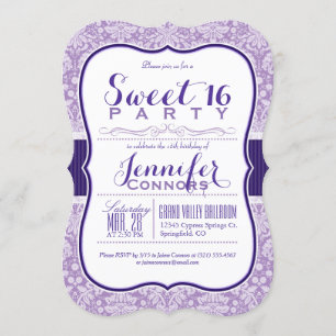 Paarse Damask Pattern; Sweet 16 Verjaardagsfeest Kaart