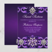 Paarse Damask & Pearl Sweet 16 verjaardagsuitnodig Kaart (Voorkant / Achterkant)