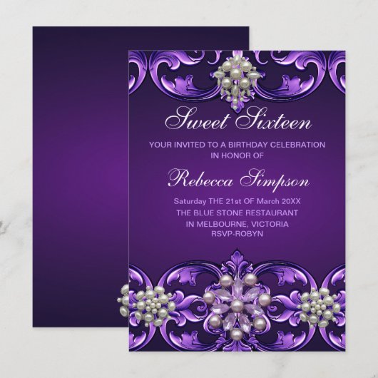 Paarse Damask & Pearl Sweet 16 verjaardagsuitnodig Kaart (Voorkant / Achterkant)