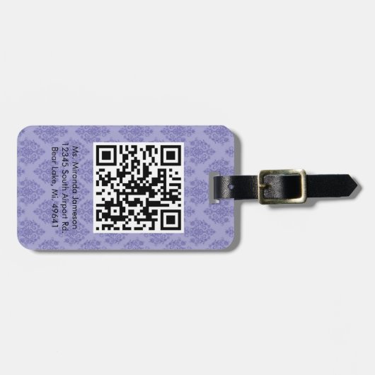 Paarse Damask QR CODE Aangepast Bagagelabel (Voorkant horizontaal)