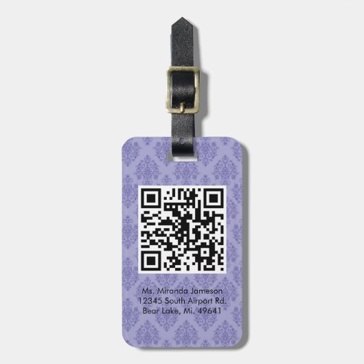 Paarse Damask QR CODE Aangepast Bagagelabel (Voorkant verticaal)