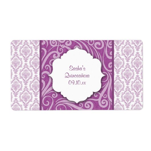 Paarse Damask Quinceañera Waterfles of Favor Etiket (Voorkant)
