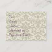 Paarse Damask Roos Zakelijke Cadeaubon Kaarten Kortingskaartje (Achterkant)