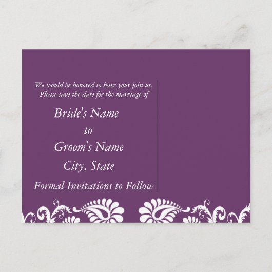Paarse Damask sparen de Datum Aankondigingskaart (Achterkant)