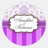 Paarse Damask Stripe Wedding Sticker (Voorkant)