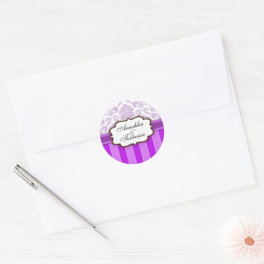 Paarse Damask Stripe Wedding Sticker (Envelop)
