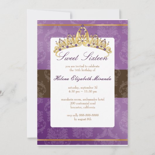 Paarse Damask Sweet 16/ tiara/amethyst uitnodiging (Achterkant)