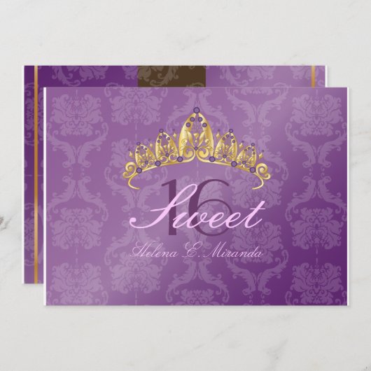 Paarse Damask Sweet 16/ tiara/amethyst uitnodiging (Voorkant / Achterkant)