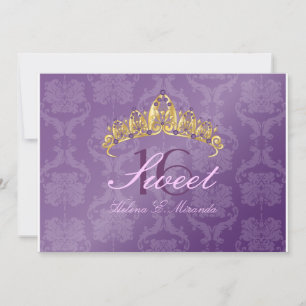 Paarse Damask Sweet 16/ tiara/amethyst uitnodiging