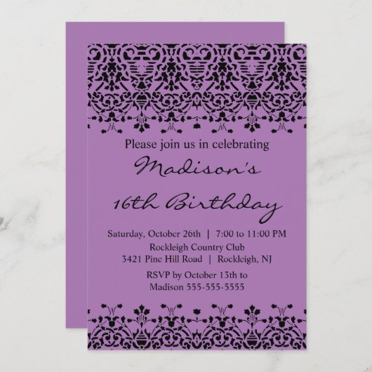 Paarse Damask Sweet Sixteen Birthday Uitnodiging (Voorkant / Achterkant)