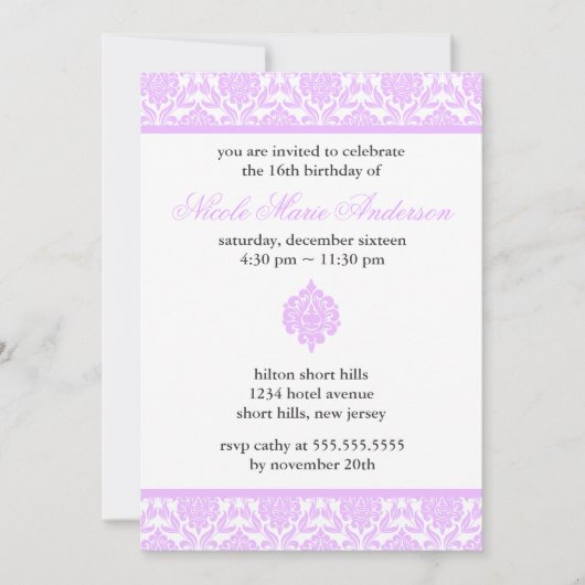 Paarse Damask Sweet Sixteen-uitnodigingen Kaart (Voorkant)