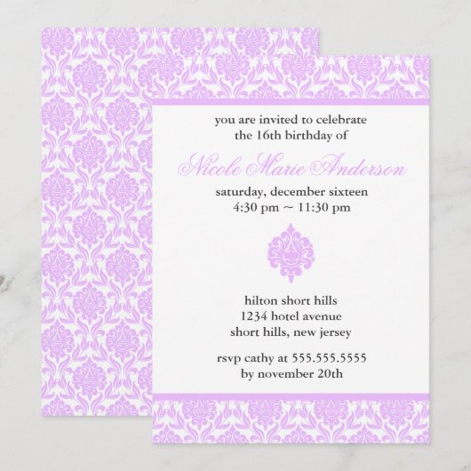 Paarse Damask Sweet Sixteen-uitnodigingen Kaart (Voorkant / Achterkant)