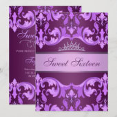 Paarse Damask & Tiara Sweet16 Verjaardag Uitnodige Kaart (Voorkant / Achterkant)