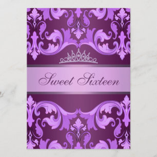 Paarse Damask & Tiara Sweet16 Verjaardag Uitnodige Kaart