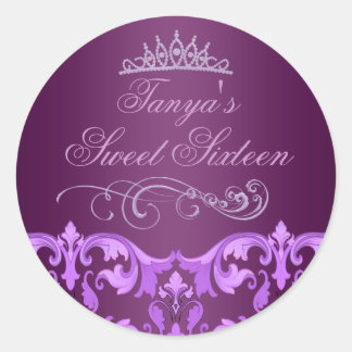 Paarse Damask/Tiara Sweet 16 Envelop Sticker/seal Ronde Sticker