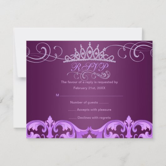 Paarse Damask & Tiara Verjaardag RSVP-kaart RSVP Kaartje (Voorkant)