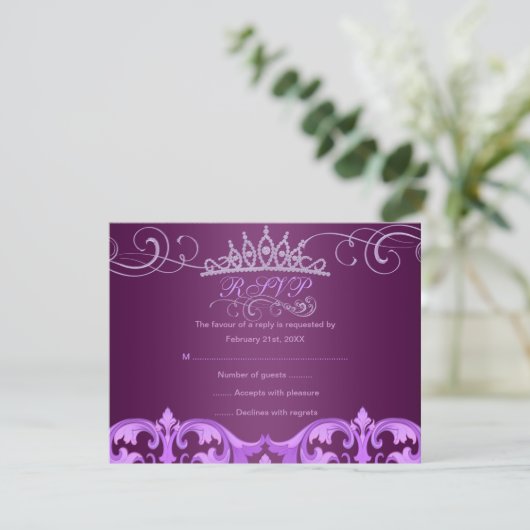 Paarse Damask & Tiara Verjaardag RSVP-kaart RSVP Kaartje (Staand voorkant)