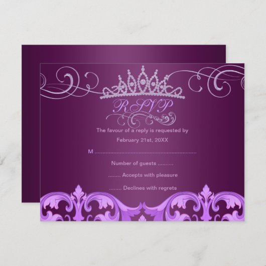 Paarse Damask & Tiara Verjaardag RSVP-kaart RSVP Kaartje (Voorkant / Achterkant)